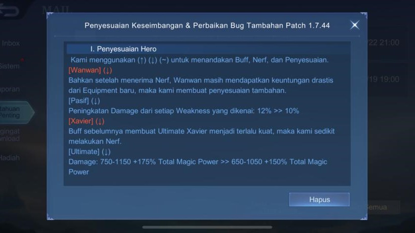 Mobile Legends, Tambahan patch MLBB Terbaru 1.7.44