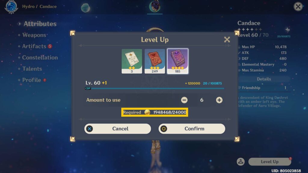 Jumlah Mora yang dibutuhkan untuk mencapai level 90