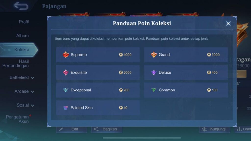 Mobile Legends, Poin Koleksi Skin MLBB